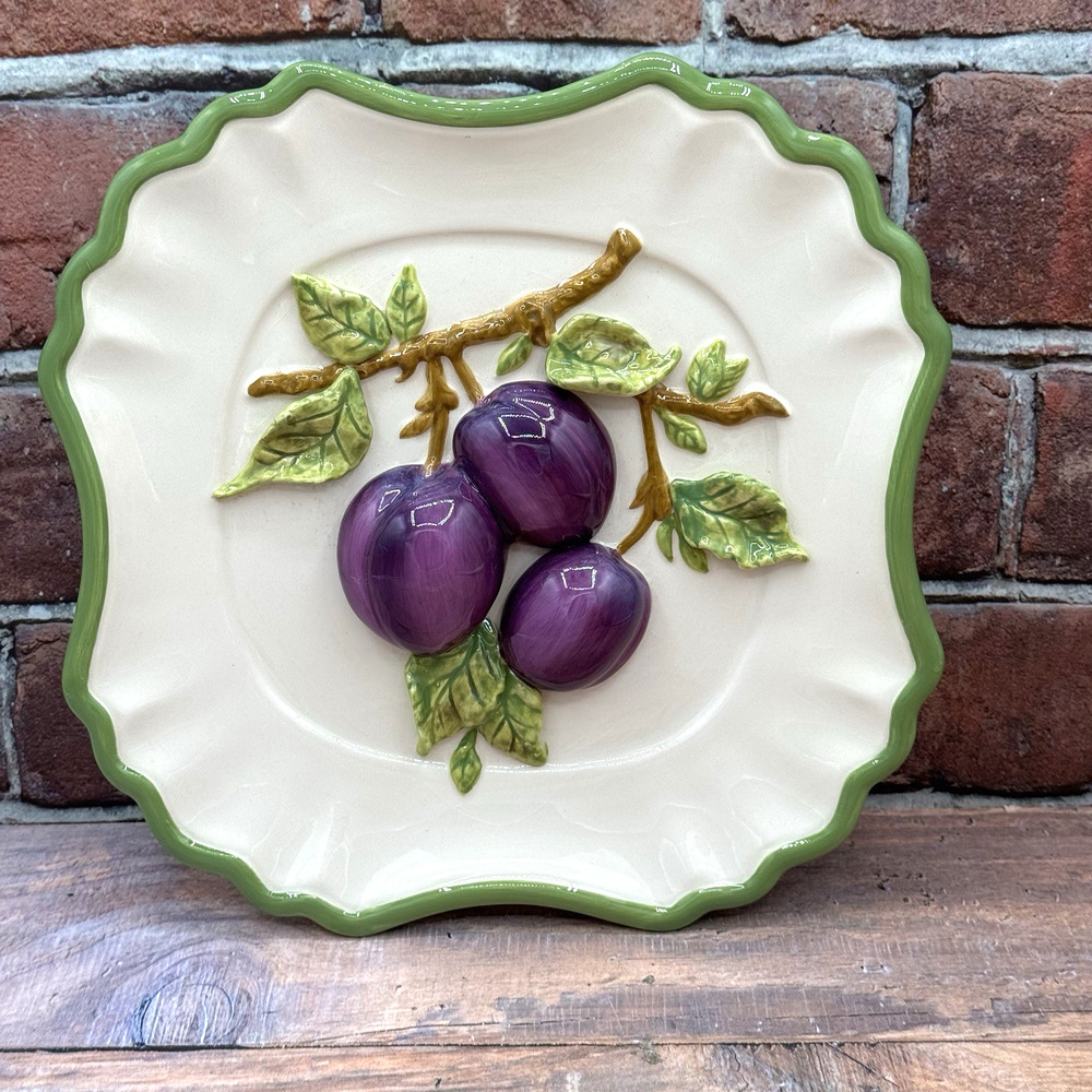 Valerie Parr Plums Ceramic Wall Hang Embossed Plate‎ Hand Painted Majolica Style